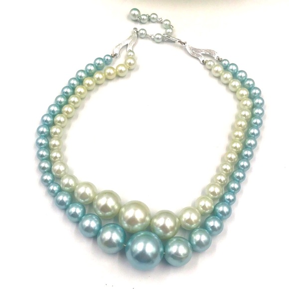 Two Strand Blue/White Faux Pearl Costume Necklace - Picture 1 of 2